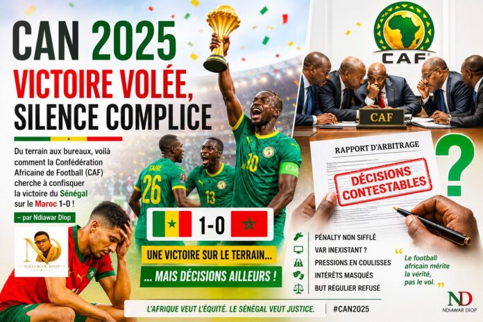 CAN 2025 : Victoire volée, silence complice; du terrain aux bureaux, voilà comment la Confédération Africaine de Football (CAF) cherche à confisquer la victoire Sénégal sur le Maroc 1-0 ! - par Ndiawar Diop CAN 2025 : Victoire volée, silence complice; du terrain aux bureaux, voilà comment la Confédération Africaine de Football (CAF) cherche à confisquer la victoire Sénégal sur le Maroc 1-0 ! - par Ndiawar Diop