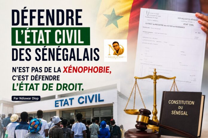 Défendre l'état civil des Sénégalais n'est pas de la xénophobie, c'est défendre l'État de droit. Par Ndiawar Diop Défendre l'état civil des Sénégalais n'est pas de la xénophobie, c'est défendre l'État de droit. Par Ndiawar Diop