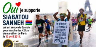 Oui je supporte Siabatou Sanneh qui est venue de Gambie pour marcher les 42 km du marathon de Paris le 12 avril 2015. Par Ndiawar Diop Oui je supporte Siabatou Sanneh qui est venue de Gambie pour marcher les 42 km du marathon de Paris le 12 avril 2015. Par Ndiawar Diop
